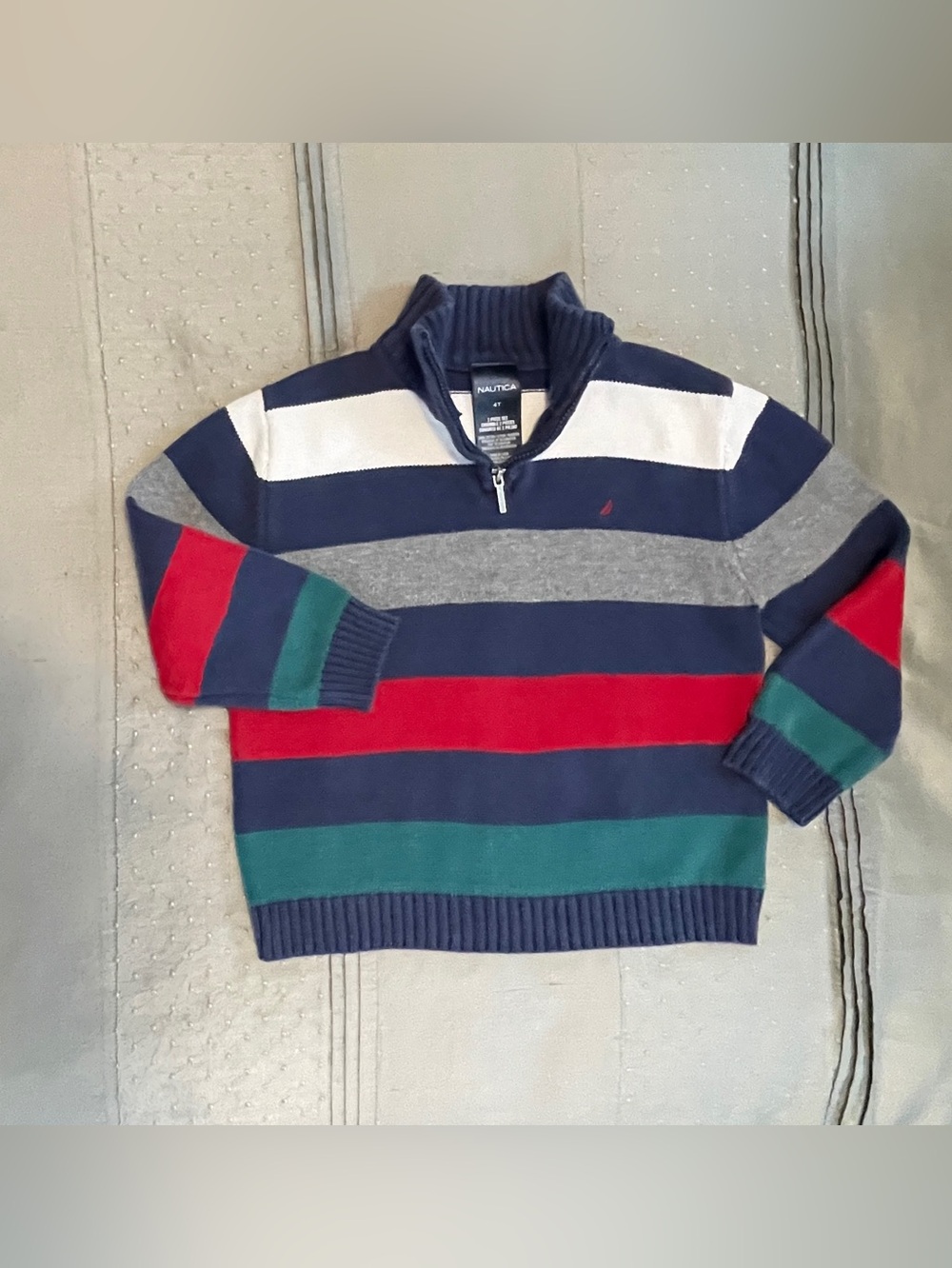 Nautica Boys Striped Quarter-Zip Sweater in Navy/Gray/Red/Green/White size 4T
